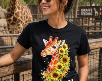 May include: A black short-sleeved t-shirt featuring a colorful graphic of a giraffe head surrounded by bright yellow sunflowers. The design includes a watercolor-style splash effect and the text ACP ALPHACAPPLUS printed in white at the bottom.
