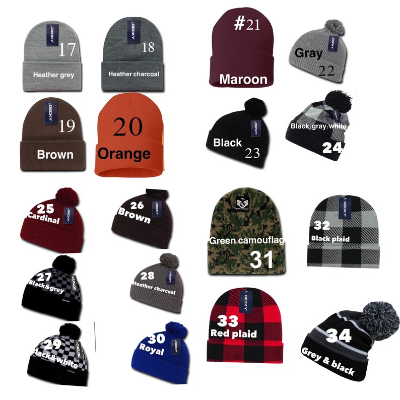 May include: A collection of beanies in various colors, including heather gray, heather charcoal, maroon, and gray. Each beanie has a pom-pom and a tag. Other colors include brown, orange, black, black and gray, cardinal, green camouflage, red plaid, and royal blue.