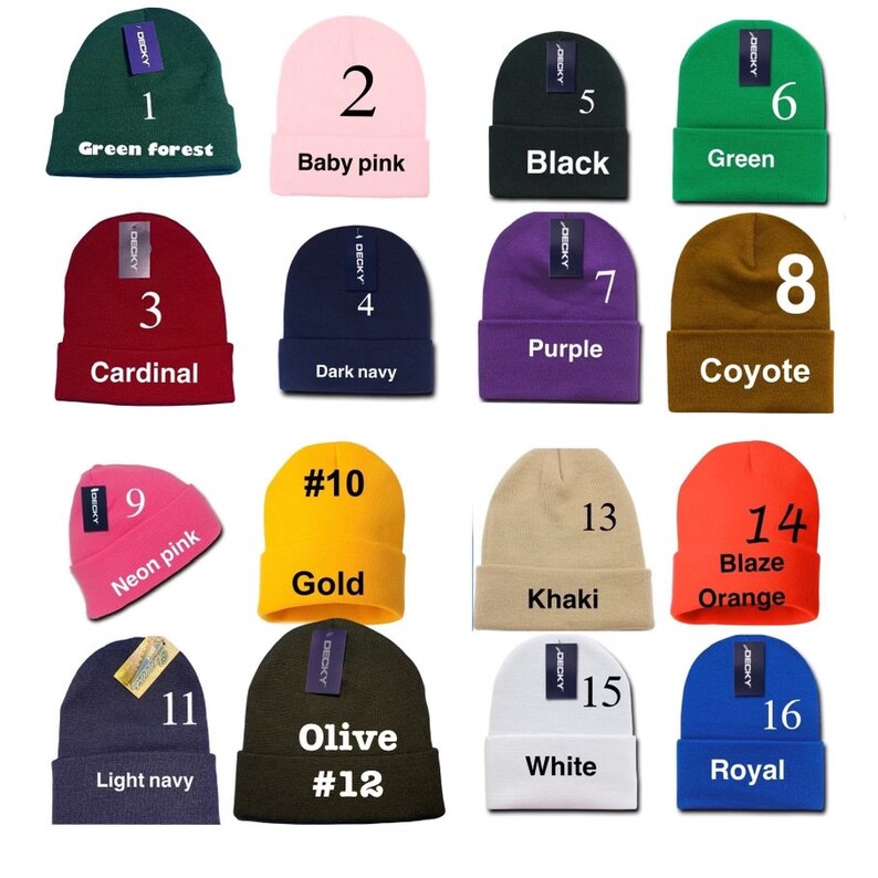 May include: A collection of sixteen beanies in various colors, including green forest, baby pink, black, green, cardinal, dark navy, purple, coyote, neon pink, gold, khaki, blaze orange, light navy, olive, white, and royal.