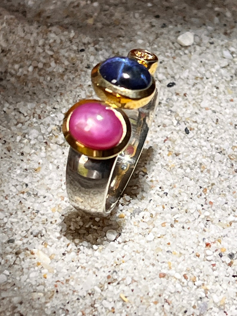 Star Sapphire Ruby Diamond Ring in Silver With Gold Plated Setting - Etsy