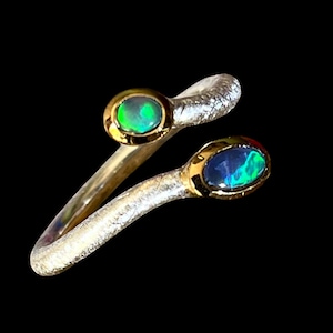 Könnte beinhalten: Ein offener Ring mit einer texturierten silbernen Ringschiene und zwei ovalen Opalen. Jeder Opal ist in eine glatte Goldfassung eingefasst und zeigt schillernde grüne und blaue Farbreflexe vor einem dunklen Hintergrund.