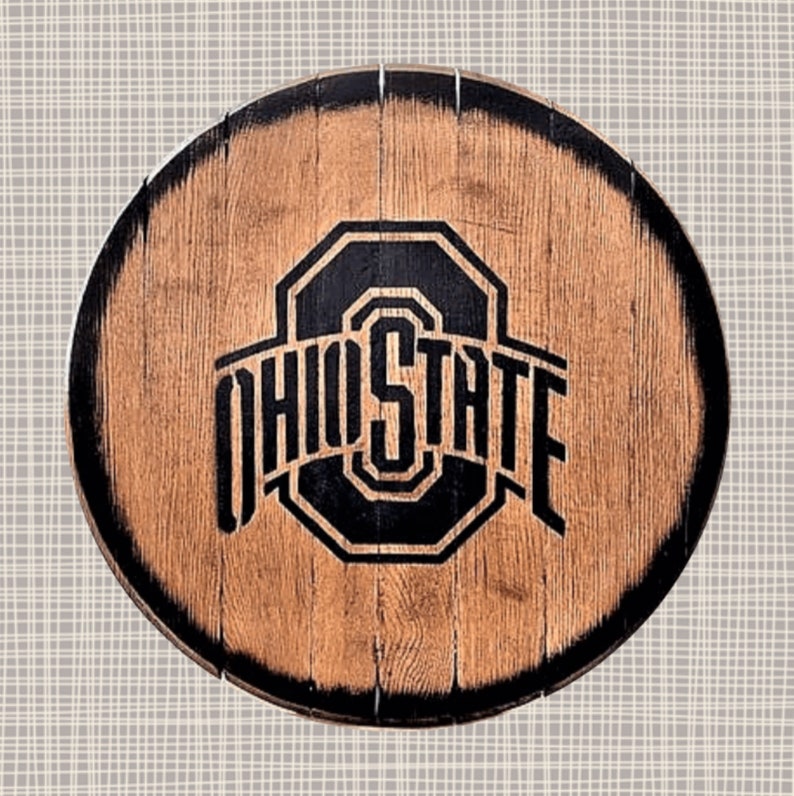 Bourbon Barrel Lid Whiskey Art The Ohio State University Mancave Approved The Buckeyes Bourbon Barrel Head Bourbon Bar Sign Go Bucks