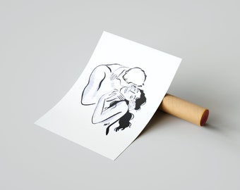 Risography "The kiss" - minimalist printing 2 colors, illustrated poster, print A4