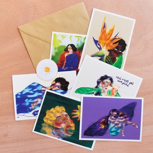 Cartes postales illustrées - fleurs et personnages - impression digitale