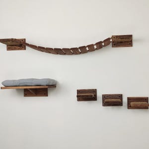 May include: A wooden cat tree with a bridge, a platform, and three climbing perches. The bridge is curved and has a rope-like texture. The platform has a gray cushion. The perches are rectangular and have a rough texture.