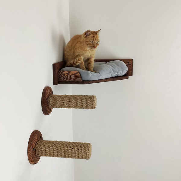 Katzeneckbett, an der Wand befestigtes Katzenbett mit Katzenstufen für Bett, Katzenwandmöbel, Katzenbett aus Holz mit Katzenstufen, bequeme Katzenregale