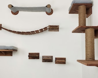 Wood Cat Wall Furniture Set – Beds, Hammock, Floating Bridge, Steps, Scratcher Cat Shelves with Pillows