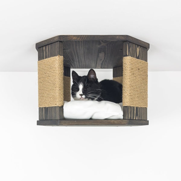 Étagère de lit octogonale pour chat au plafond avec oreiller, perchoirs pour chat, lit mural pour chat, cadeau personnalisé pour chats, nid de chat, étagères murales en nid d'abeille pour chat