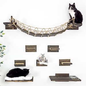 Cat wall shelves, Cat wall furniture, Cat bridge for wall black, 5 steps, Cat bridge, Cat shelves, Cat ladder, Cat bed, Cat feeder shelf