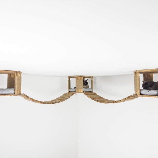 Cat ceiling bridge with 3 cat beds, Boho Cat Furniture, Cat Ceiling furniture, Cat ceiling Shelves best idea for cat wall playground