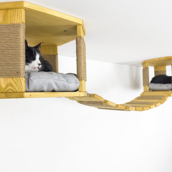 Wooden Cat Bridge with 2 Octagon bed, Cat wall Furniture, Cat ceiling Lounge, Ceiling Cat Furniture, Cats Play furniture, Cat Playground