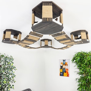 Ceiling Cat Furniture Playground Wood Cat Furniture Set of 4 Houses and Bridges Kitten Wall Mounted Bed  Perfect Gift for Cat Lover