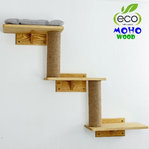 Three Step Cat Wall Furniture Climbing Wall Triple Bed Сat Shelves,  Wood Cat Steps Furniture Cat Tree Furniture, Personalized Gift for Cats