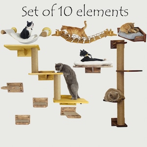 May include: Set of 10 cat tree elements, including a bridge, a hammock, a scratching post, and several shelves. The elements are made of wood and rope and are designed to be mounted on a wall. The set is shown with several cats interacting with the elements.