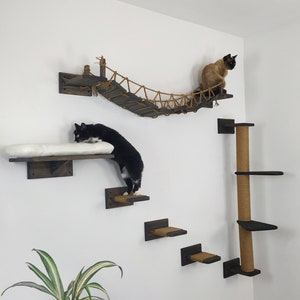 Cat Wall Furniture Comfortable Furniture Set with Climbing Pole Cat Scratcher Wall Bed with Pillow Kitten Bridge and Steps Cat Gifts