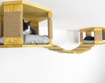 Wooden Cat Bridge with 2 Octagon bed, Cat wall Furniture, Cat ceiling Lounge, Ceiling Cat Furniture, Cats Play furniture, Cat Playground