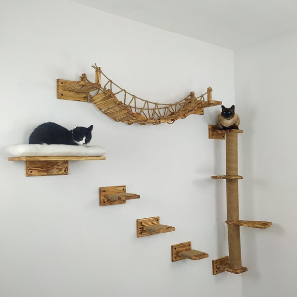 Naturholz Katzenbett, Katzenbrücke, Katzenregal, Katzenwandmöbel, 3 Stufen, Katzenleiter, Katzenbett, Katzenwandregal, Katzenfutterregal