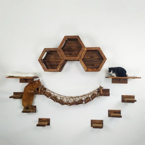 Wall Mounted Cat Furniture Set: Bridge, Steps, Hexagon Bed & Feeder Shelf