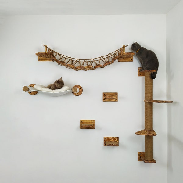 Natural Cat hammock, Cat bridge, Cat shelves, Cat wall furniture, 3 steps, Cat ladder, Cat bed, Cat wall shelves, Cat feeder shelf