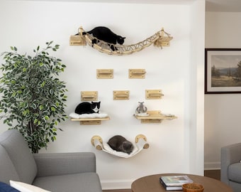 Cat Wall Furniture Set – Pinewood Bridge, Steps, Bed, Hammock, Feeder Shelf