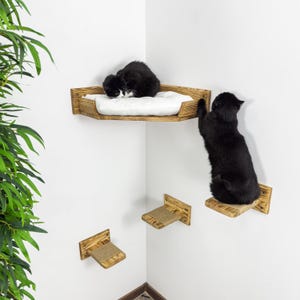 Kattenmuurmeubels Houten klimmuurset met 3 treden met touw en kitten Hoekbed met kussen Zwevende planken aan de muur