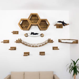 Cat Wall Furniture Hexagon Wall Shelf for Big Cats Wooden Wall Mounted Bridge and Steps Comfortable Bed with Pillow Unique Cat Gift