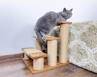 Cat Scratcher Cat Ramp for High Bed Wooden Pet Steps With Rope
