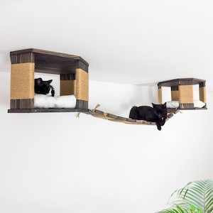 Ceiling Cat Furniture Comfortable Wooden Furniture Set with 2 Octagon Shelf and Ceiling Cat Bridge Kitten Walkway Ceiling Bed Cat Gifts