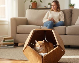Geometrisches Katzenbett aus Holz - Moderne Katzenmöbel, Gemütlicher Boden Liege mit Kissen Inklusive