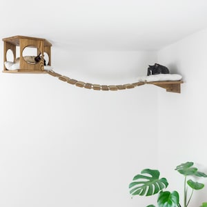 Ceiling Cat Furniture Comfortable Ceiling Mounted Hexagon Shelf Wooden Floating Bridge and Bed with Pillow Custom Cat Gifts Wall Playground