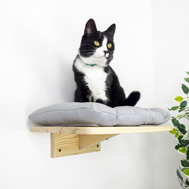 May include: A black and white cat sits on a gray cushioned shelf attached to a wall. The shelf is made of light wood and has a simple design.