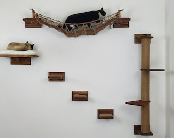 Braunes Katzenbett aus Holz, Katzenbrücke, Katzenregale, Katzenwandmöbel, 3 Stufen, Katzenleiter, Katzenbett, Katzenwandregale, Katzenfutterregal