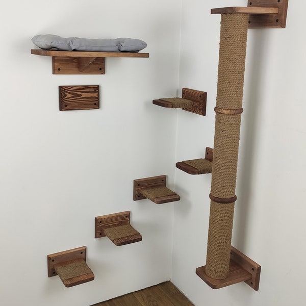 Wooden Cat wall furniture Set, Cat Scratching Tree tower post, Cat Wall mount Bed, 5 Cat Steps, Cat climbing supplies, Custom Cat lover gift