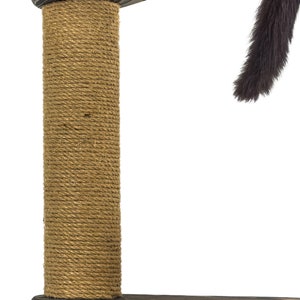 May include: A close-up of a brown sisal scratching post for cats. The post is wrapped in natural sisal rope and is designed to help cats sharpen their claws.