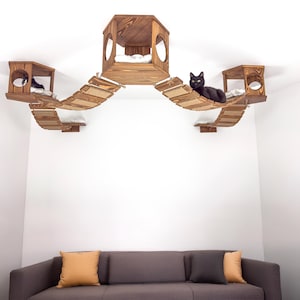 Ceiling Wooden Cat Furniture Set – 3 Hexagon Shelves, 4 Bridges & 2 Beds with Pillows