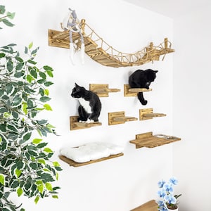 Cat Wall Furniture Set with 5 Steps and Wall Mounted  Bridge Cat Shelves and Bed for Wall Kitten Feeding Station Cat Gifts