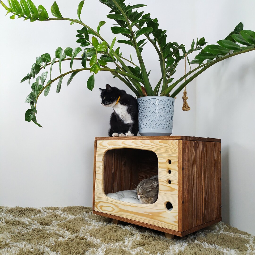 Old Tv Cat Bed, Wooden Cat House, Cat Cube House Tv Cat Bed, Modern Cat