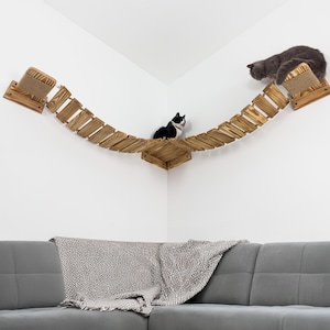 Cat Bridge for Wall Wooden Play Furniture Cat Climbing Wall Floating Bridge with Shelves for Big Cats Unique Custom Cat Gifts