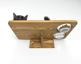 Katzenregale mit Platz für Futter- und Wasserschüsseln Kätzchen Wandhalterung Regal Katzenfütterungsstation Holzgeschenk für Katze Wand befestigtes Futterregal