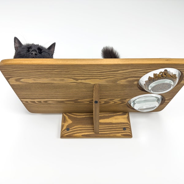 Cat Wall Shelf with 2 Food and Water Bowls Wall Mounted Wooden Cat Rack Furniture for Cat, Cat Feeding Shelf Wall Mounted Cat Feeder Shelf