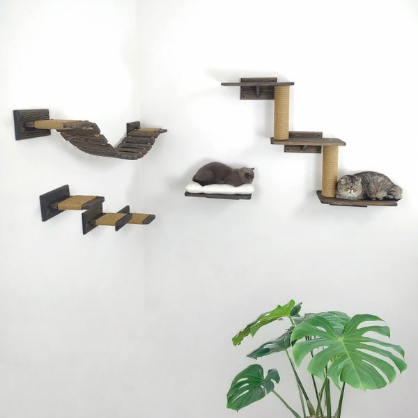 Katzen-Wandmöbel An der Wand befestigte Brücke und Dreifachbett-Holzstufen mit Seil Bequemes Bett für Wand mit Kissen Perfektes Geschenk für Katze