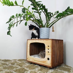 Cat House Wooden Cat Bed Furniture Old TV Cat Bed Kitten Modern Indoor Furniter Unique Gift for Kitty Comfortable Vintage TV Cat House