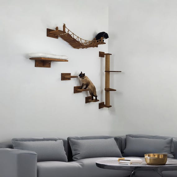 Modernes Katzen-Kletterregal Zur Wandmontage – 5-teiliges Set Mit Haus, Brücke, Stufen & Kratzbaum, Grau