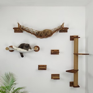 Cat Wall Furniture Wooden Bridge and Wall Mounted Kitten Steps Comfortable Hammock Kitten Scratching Tower Perfect Gift for Cat Lover