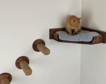 Corner Cat Bed Comfortable Wooden Wall Furniture Set with 3 Perhces and Bed with Pillow   Climbing Wall Play Furniture Custom Cat Gifts