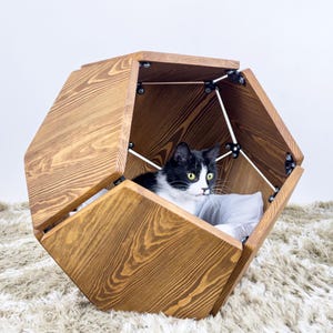 Cat Bed Wooden Cat House Indoor Cat Bed Furniture Insulated Cave for Kitten Comfortable Wooden House with Pillow Unique Gift for Cats