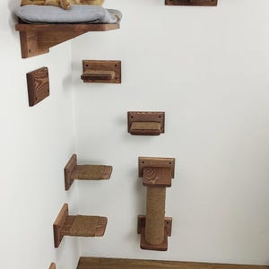 May include: A set of wooden cat shelves and a scratching post mounted on a white wall. The shelves are different sizes and shapes, and some have a soft cushion or rope covering. A cat is sitting on one of the shelves.
