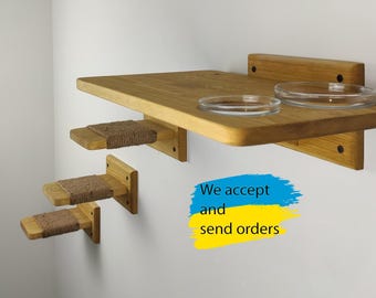 Cat Shelves Wooden Cat Food Shelf Modern Cat Furniture Set Wall Mounted Steps Unique Gift for Cat Climbing Wall Play Furniture for Big Cats