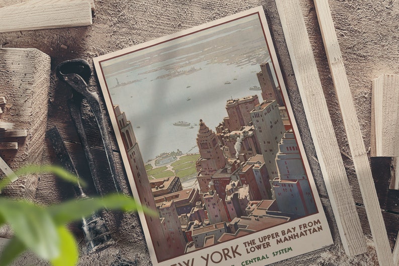 May include: Vintage travel poster featuring a bird's eye view of the New York City skyline with the text "The Upper Bay from Lower Manhattan, Central System, New York".