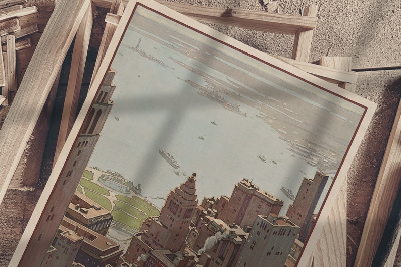 May include: Vintage postcard featuring a bird's eye view of the New York City skyline with the Statue of Liberty in the distance. The postcard is framed by wooden planks.